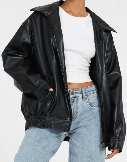 Oversized Loose Leather Women's Jacket – Yara-Brown-XS-The Livary