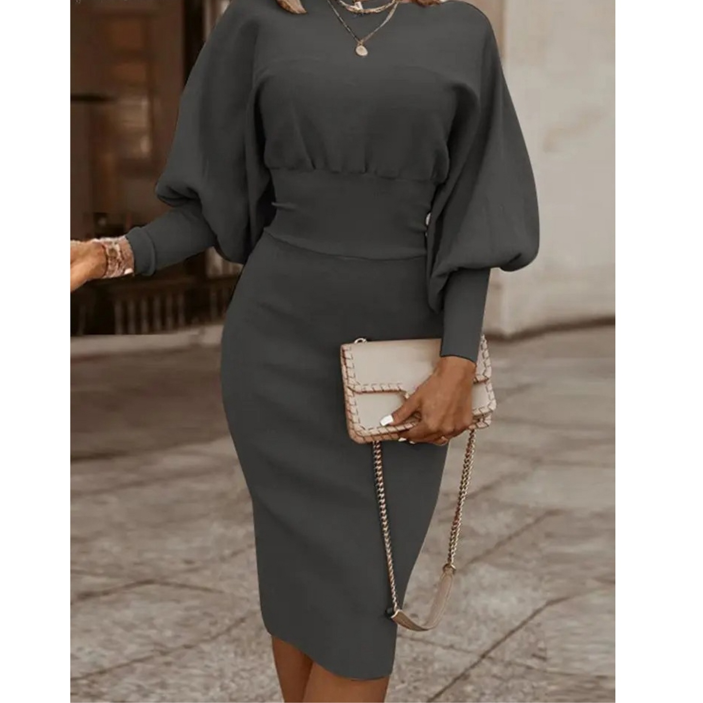 Plain Colour Cocktail Dress with Lantern Sleeves - Lena-Gray-S-Nora Luxe