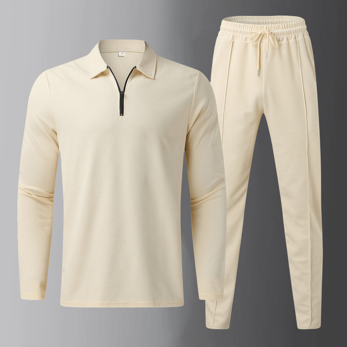 Premium men's leisure set with long-sleeve shirt and joggers – Elian-Beige-S-Nora Luxe