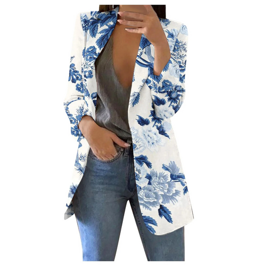Printed Cropped Women's Blazer - Savannah-White-blue-S-Nora Luxe