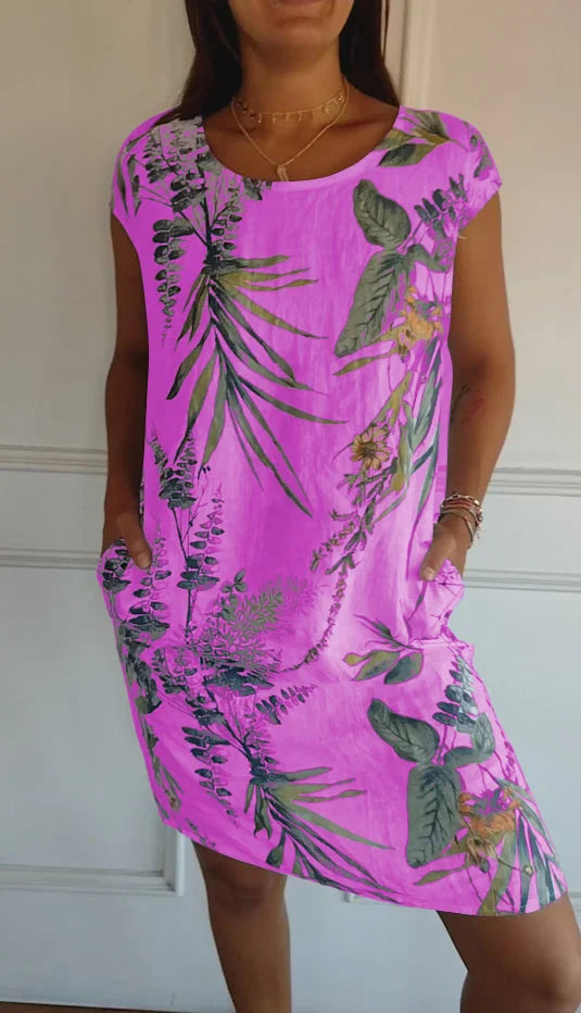 Printed dress with round neckline – Eveline-Purple-S-Nora Luxe