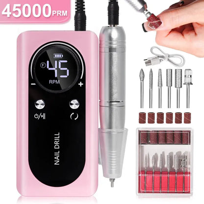 PROFESSIONAL 45000RPM PORTABLE ELECTRIC NAIL FILE WITH RECHARGEABLE BATTERY | LOW NOISE LEVEL FOR MANICURE-Pink-Nora Luxe
