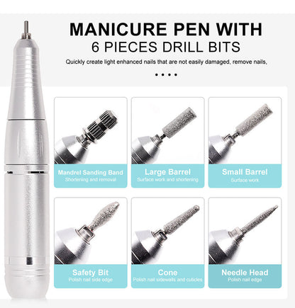 PROFESSIONAL 45000RPM PORTABLE ELECTRIC NAIL FILE WITH RECHARGEABLE BATTERY | LOW NOISE LEVEL FOR MANICURE-White-Nora Luxe