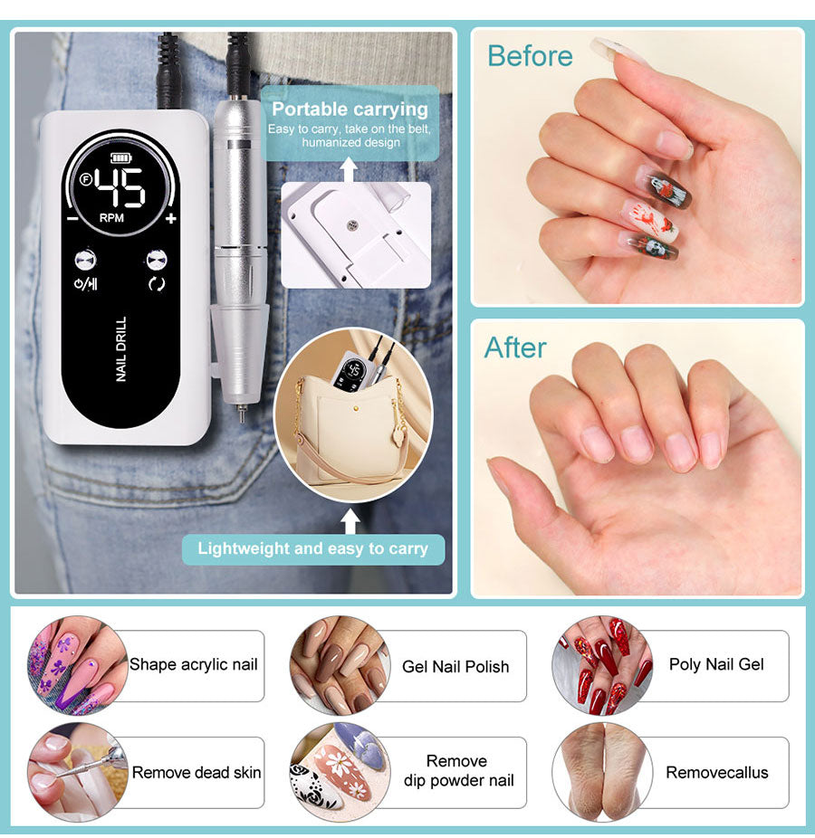 PROFESSIONAL 45000RPM PORTABLE ELECTRIC NAIL FILE WITH RECHARGEABLE BATTERY | LOW NOISE LEVEL FOR MANICURE-White-Nora Luxe