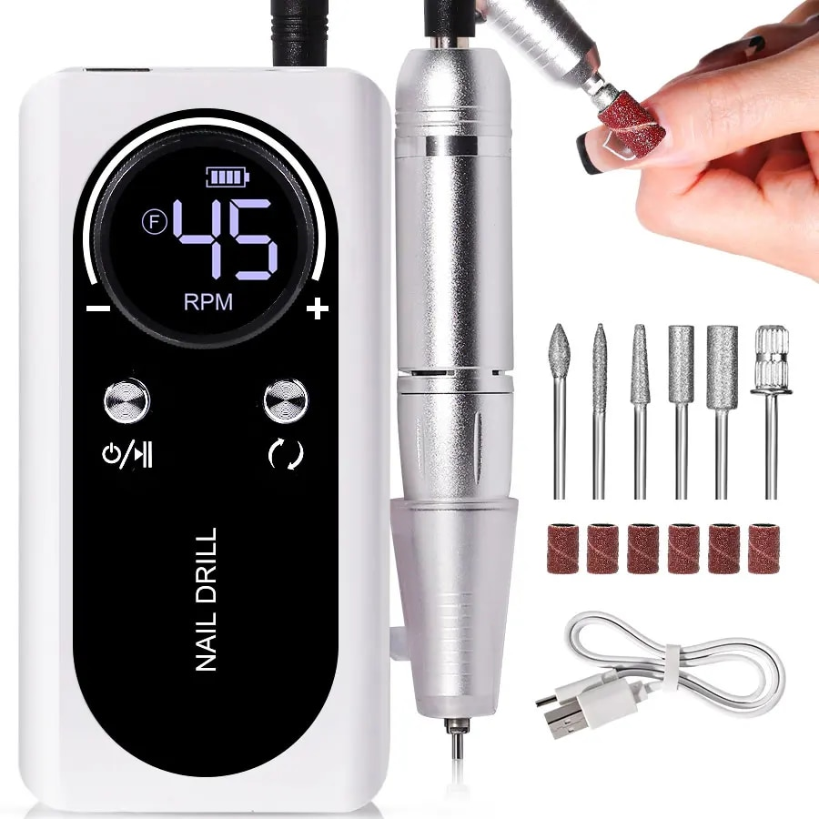 PROFESSIONAL 45000RPM PORTABLE ELECTRIC NAIL FILE WITH RECHARGEABLE BATTERY | LOW NOISE LEVEL FOR MANICURE-White-Nora Luxe