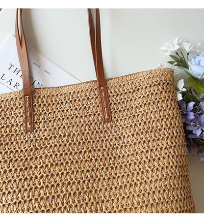 Rattan Woven Bag with Leather Straps - SummerBreeze Tote-Brown-Nora Luxe
