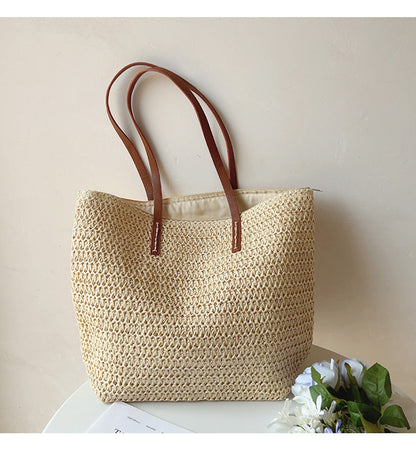 Rattan Woven Bag with Leather Straps - SummerBreeze Tote-White-Nora Luxe