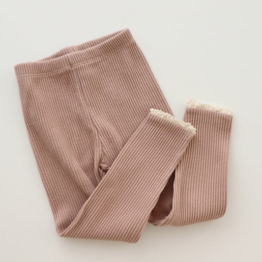 Ribbed Baby Leggings with Lace for Girls-Pink-0-6 months 25.98 inches-Nora Luxe