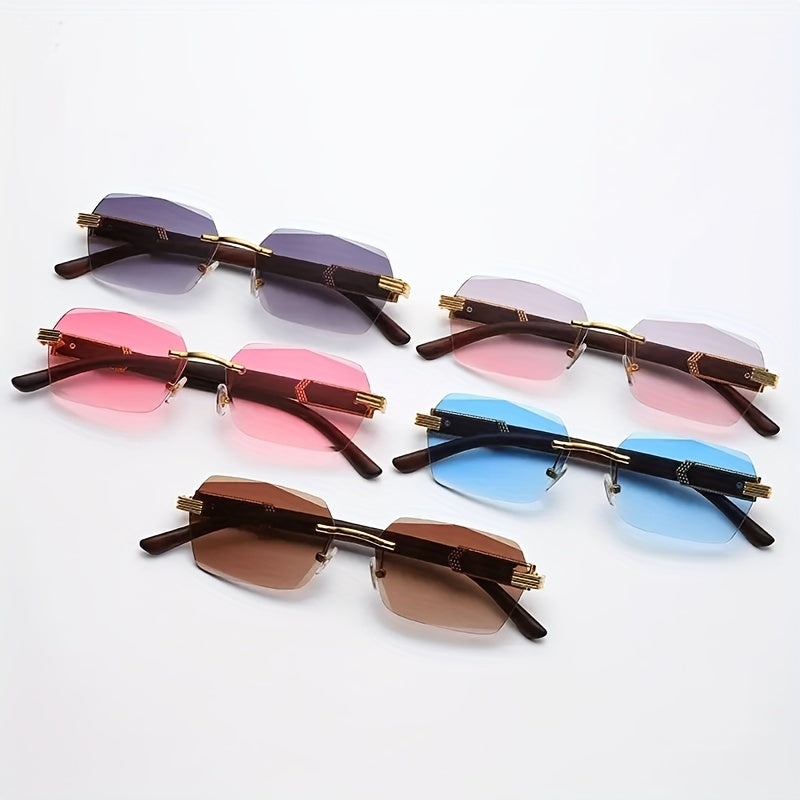 Rimless Sunglasses with Rectangular Lenses and Faux Wood Arms – Verro-Black-State of Style