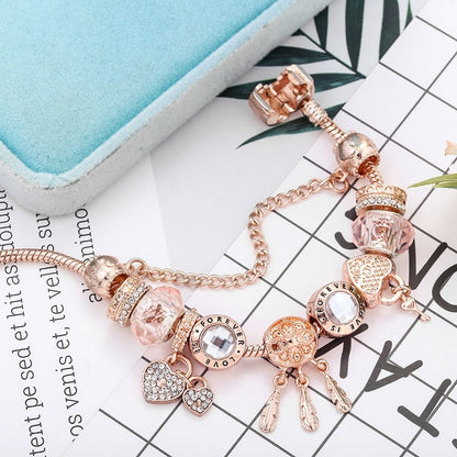 Rose Dreamcatcher Bracelet with Charms in Sterling Silver - Pink-6.30 in-Nora Luxe
