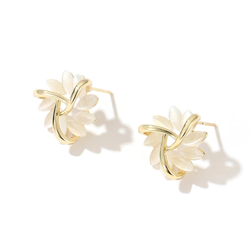 Round Opal Flower Stud Earrings in Gold - Amara-Gold-Nora Luxe