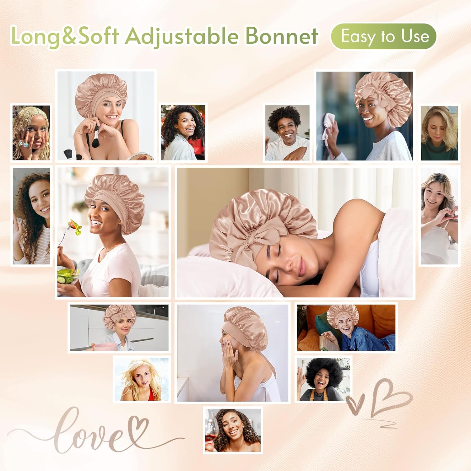 Satin Bonnet – Sleep Cap for Women-Champagne-Nora Luxe