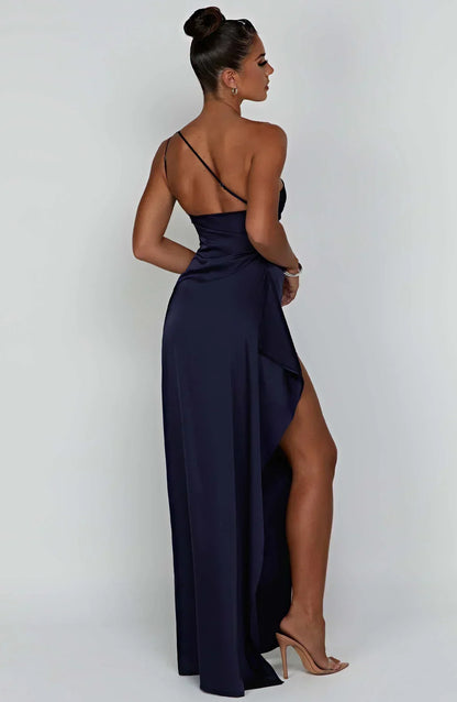 Satin Split Dress with One Shoulder - Vivienne-Red-XS-The Livary
