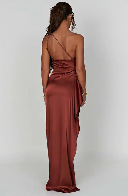 Satin Split Dress with One Shoulder - Vivienne-Red-XS-The Livary