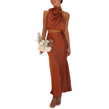 Satin two-piece set with skirt – Lina-Brown-S-Nora Luxe