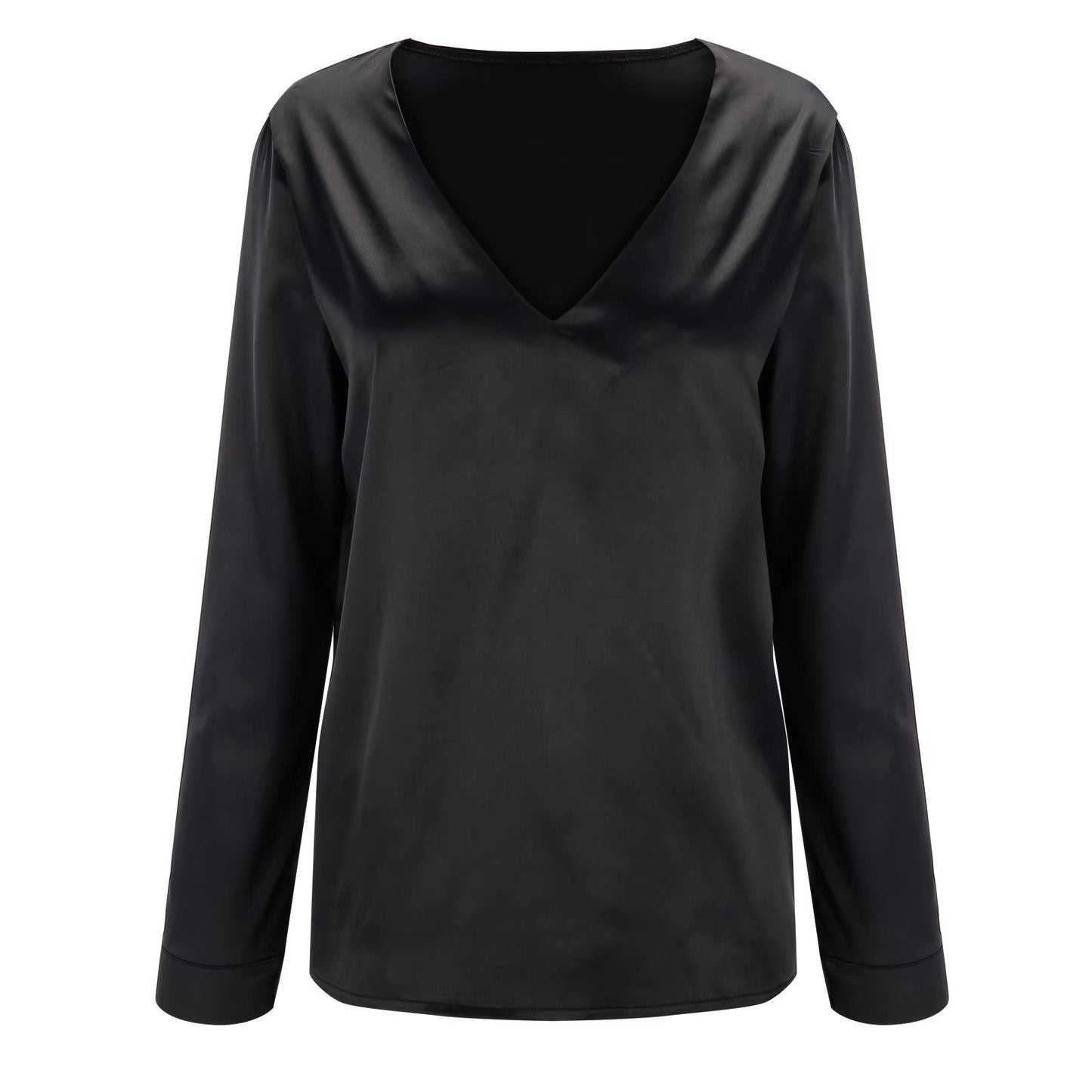 Satin women's shirt with deep V-neck & long sleeves – Daria-Black-S-Nora Luxe
