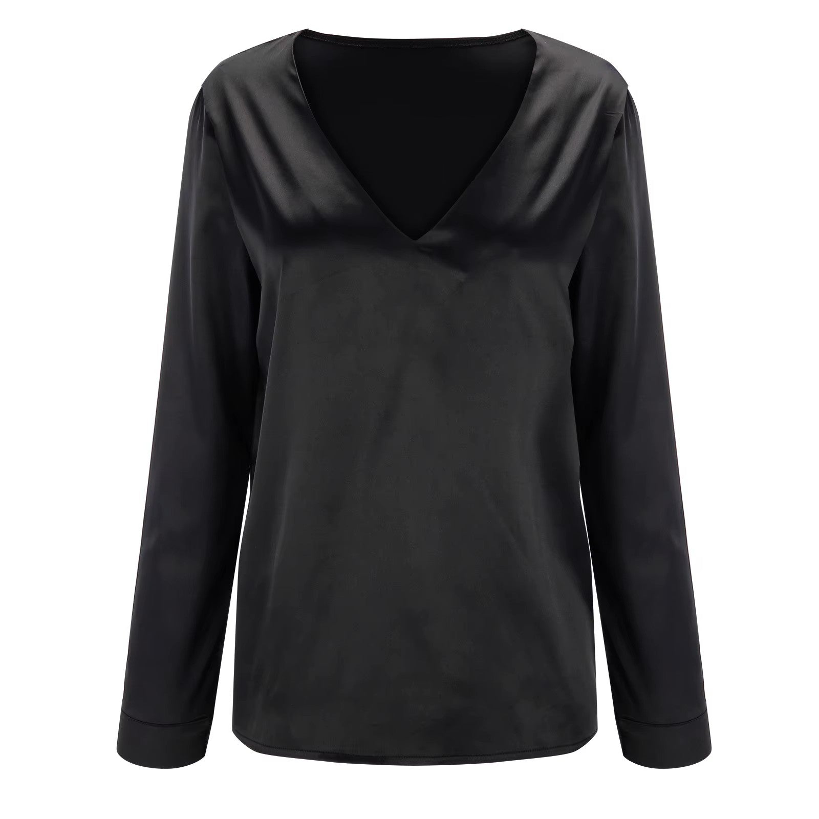 Satin women's shirt with deep V-neck & long sleeves – Daria-Black-S-Nora Luxe