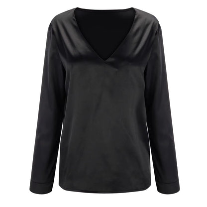 Satin women's shirt with deep V-neck & long sleeves – Daria-Black-S-Nora Luxe