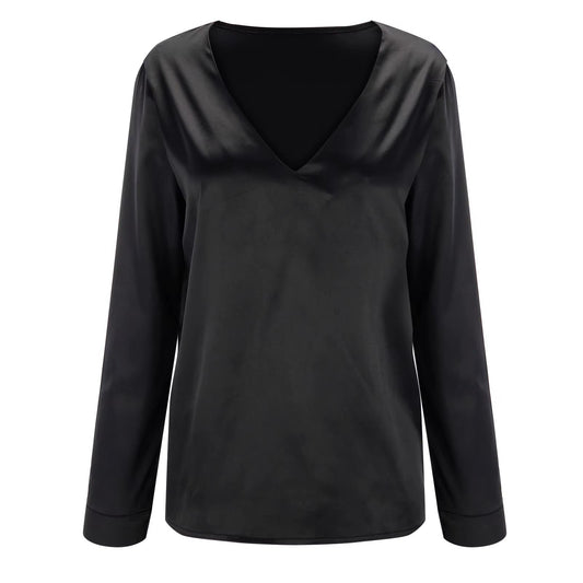Satin women's shirt with deep V-neck & long sleeves – Daria-Black-S-Nora Luxe