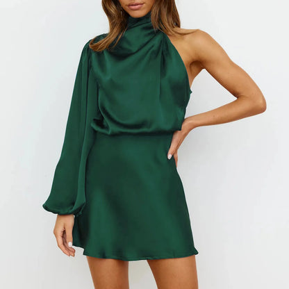 Satinised Women's Mini Dress with One-Shoulder Design & Asymmetrical Sleeve – Elvira-Pink-XS-Nora Luxe