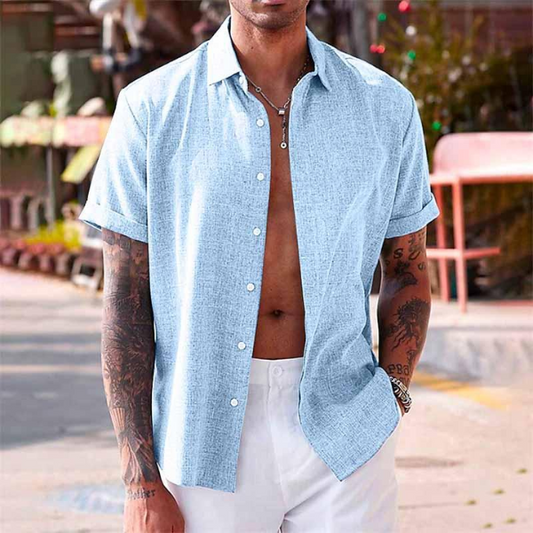 Short-sleeved cotton-linen shirt for men – Oscar-Royal blue-XS-The Livary