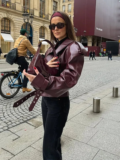 Short women's leather jacket in cherry red with lapel collar – Livana-Cherry red (Burgundy)-S-Nora Luxe