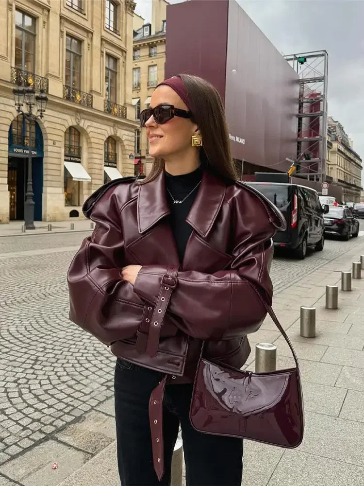 Short women's leather jacket in cherry red with lapel collar – Livana-Cherry red (Burgundy)-S-Nora Luxe