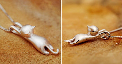 Silver Playful Cat Necklace - Miyu-Nora Luxe