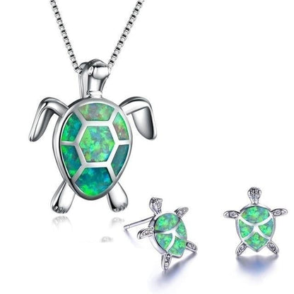 Silver Sea Turtle Necklace and Earring Set - Marinella-Groen-Nora Luxe