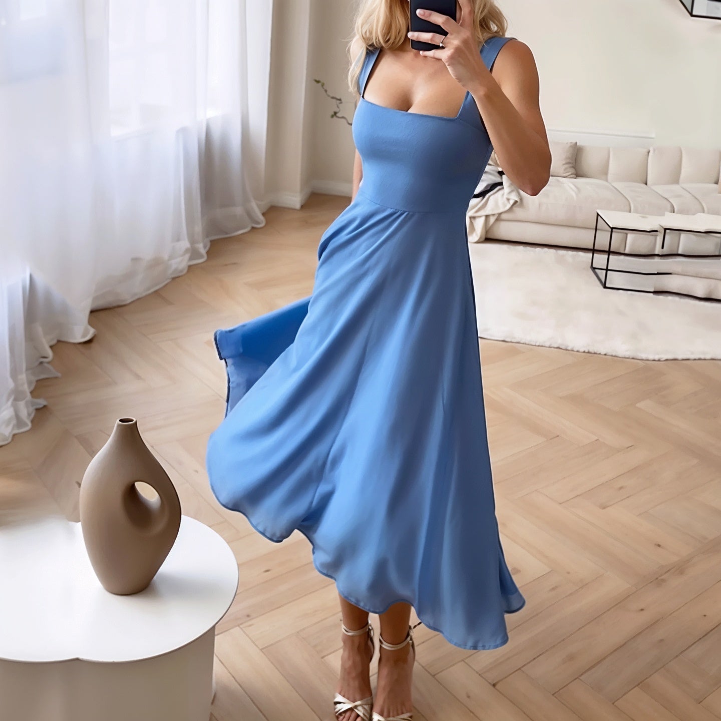 Sleeveless Airy Midi Dress with Flattering Fit – Marlene-Blue-XS-Nora Luxe