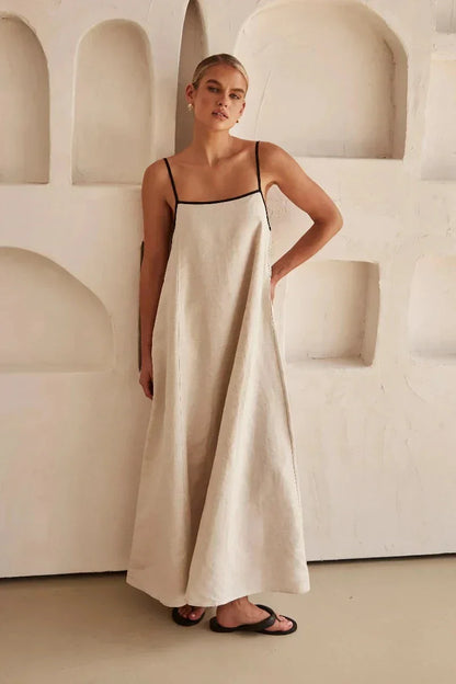 Sleeveless Beige Boho Maxi Dress in Linen Look – Elin-S-State of Style