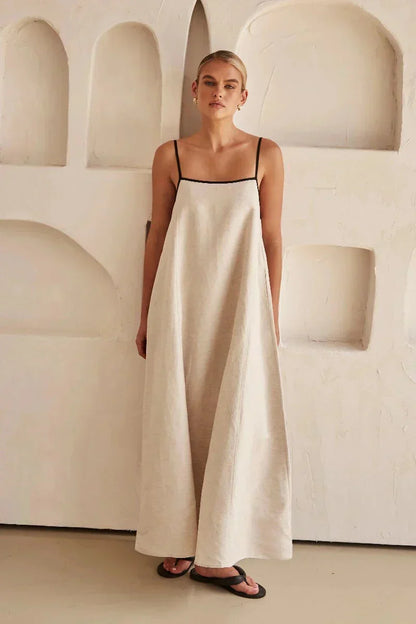Sleeveless Beige Boho Maxi Dress in Linen Look – Elin-S-State of Style