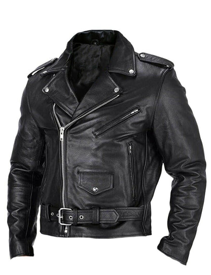 Slim Fit Leather Men's Motorcycle Jacket with Stand-up Collar - Ryder-Black-XS-Nora Luxe