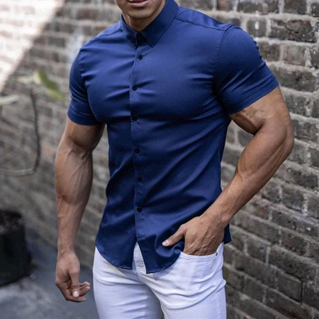 Slim Fit Men's Shirt with Short Sleeves - Luca-Blue-M-The Livary