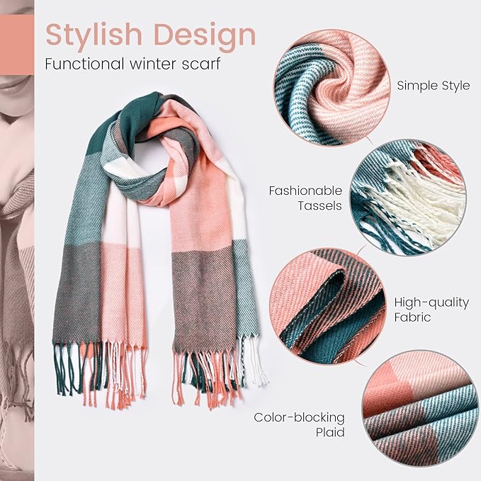 Soft Cashmere Winter Scarf - Martha-Pink Green Checked-Nora Luxe