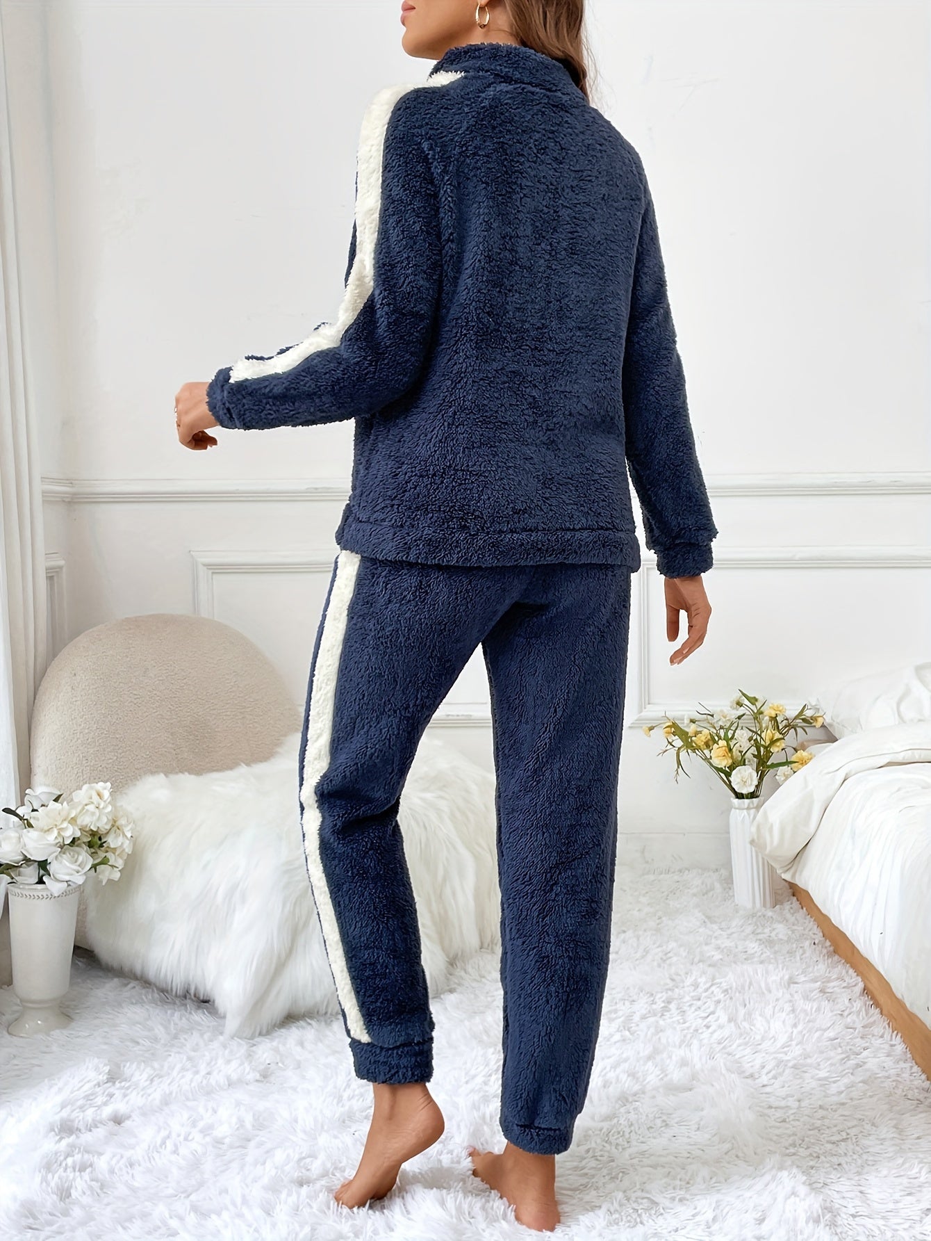 Soft Plush Lounge Pyjama Set with Colour Accents - Lyra-Brown-S-Nora Luxe