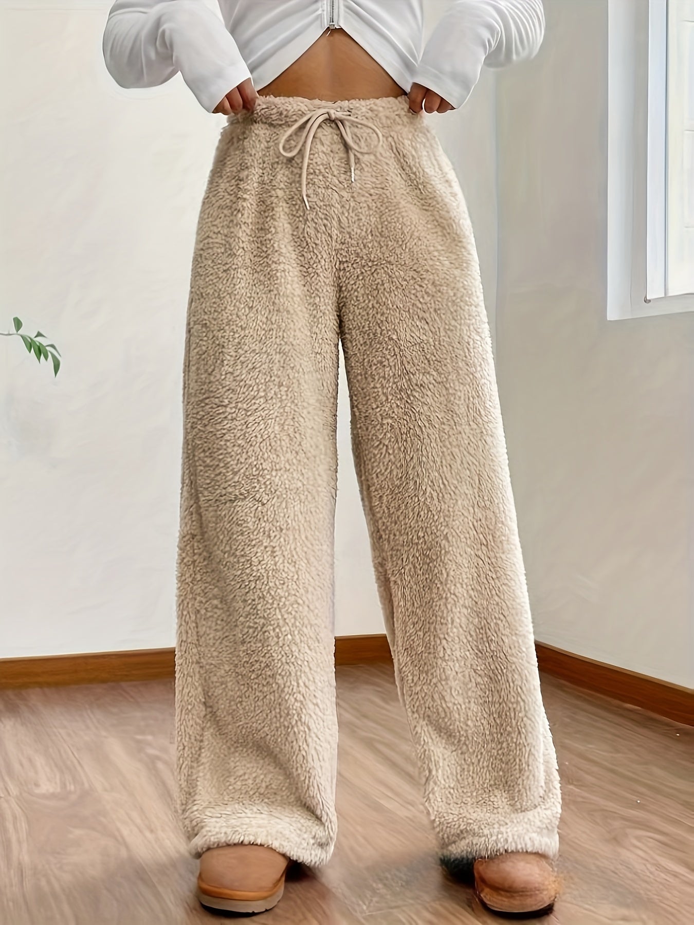 Soft Teddy Sherpa Lounge Pants for Ladies – Noémie-Beige-S-The Livary
