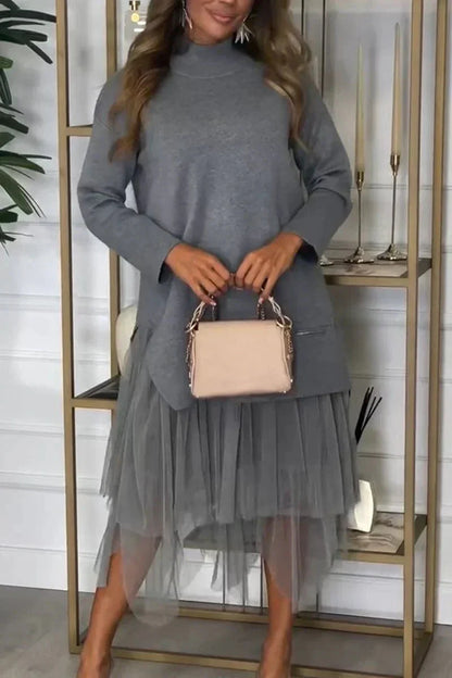 Casual Dress With Long Sleeves And Mesh Skirt – Ysolde
