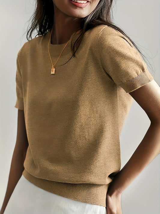 Spring Sweater with Short Sleeves – Mira-Beige-XS-The Livary