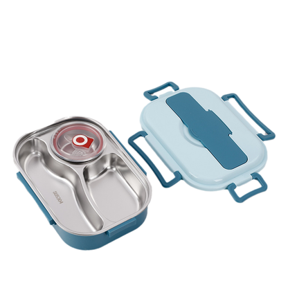 Stainless Steel Thermo Lunchbox - SteelLunch-Blue-3 compartments with soup bowls-Nora Luxe