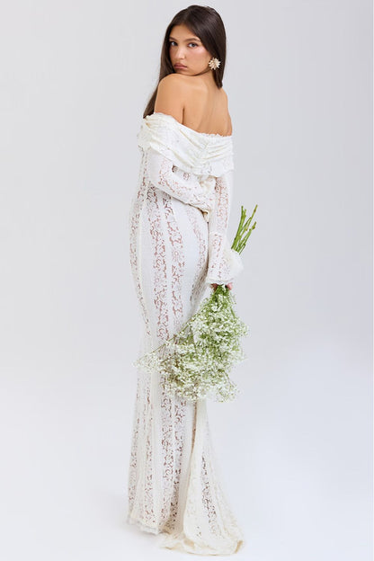 Strapless summer maxi dress made of floral lace for women – Alondra-S-The Livary