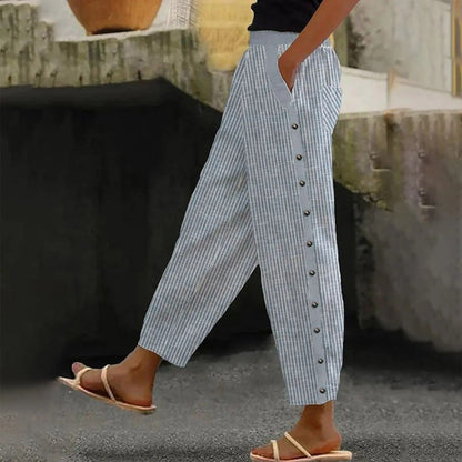 Striped High-Waist Ladies' Trousers with Decorative Buttons – Florence-Gray-S-Nora Luxe