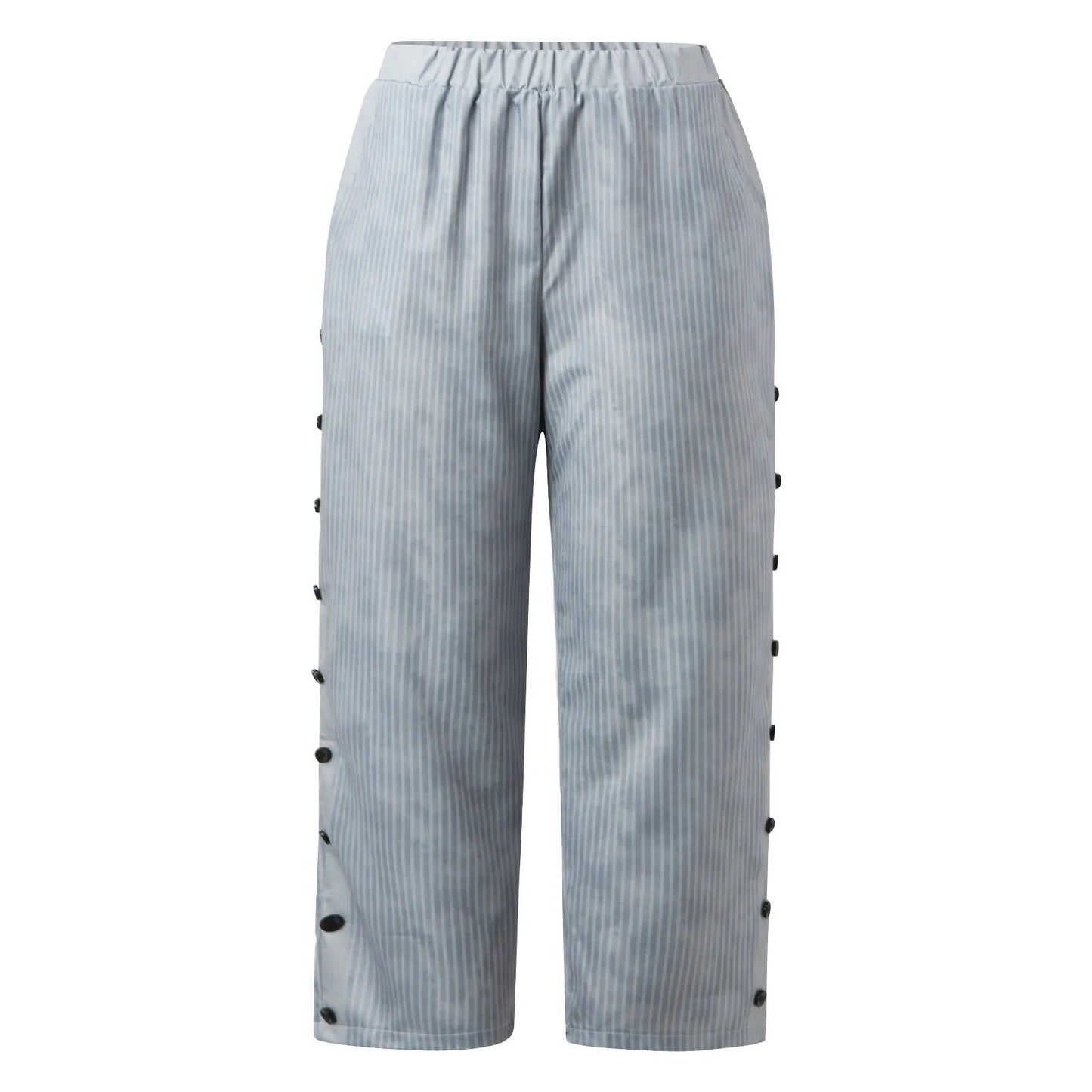 Striped High-Waist Ladies' Trousers with Decorative Buttons – Florence-Gray-S-Nora Luxe