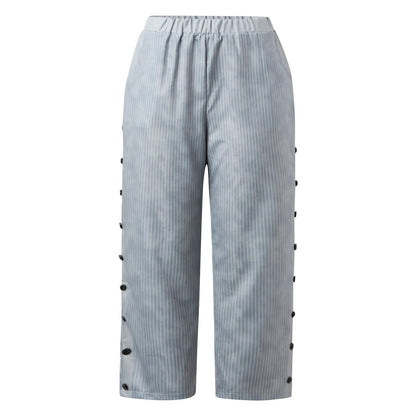 Striped High-Waist Ladies' Trousers with Decorative Buttons – Florence-Gray-S-Nora Luxe