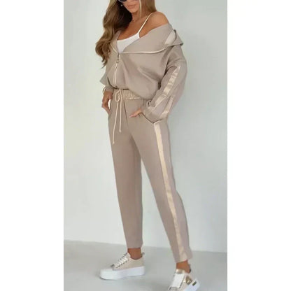 Striped leisure two-piece with hood & waistband – Cosima-Brown-S-Nora Luxe