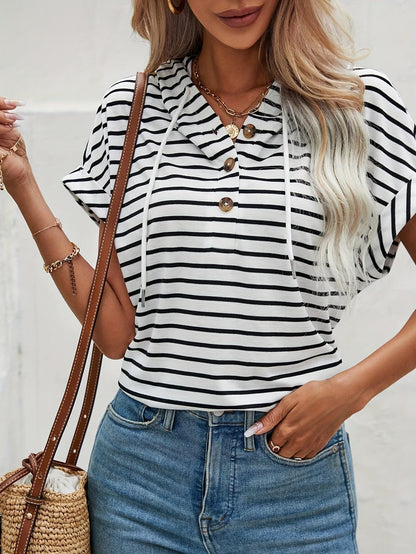 Striped Women's Hoodie with Short Sleeves and Button Closure – Romy-S-State of Style