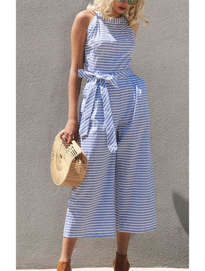 Striped women's jumpsuit with wrap neckline – Vivienne-Blue-S-Nora Luxe