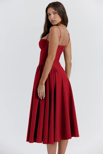 Stylish ladies' summer dress with spaghetti straps & waist corset – Mira-Blue-S-Nora Luxe