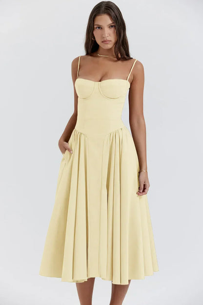 Stylish ladies' summer dress with spaghetti straps & waist corset – Mira-Blue-S-Nora Luxe