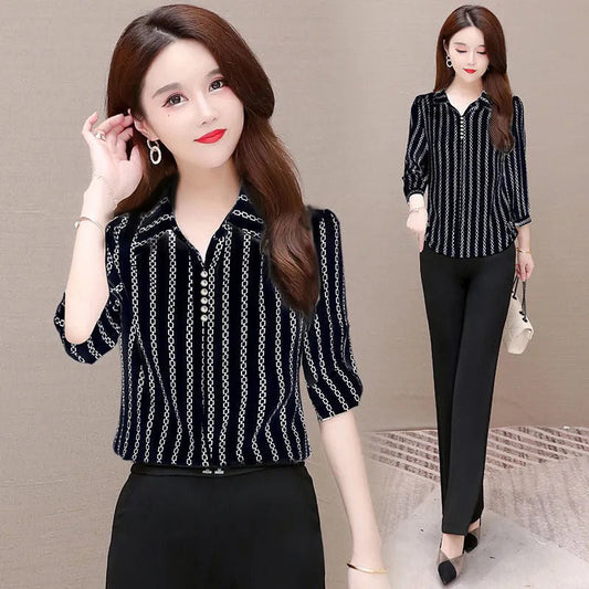 Stylish women's chiffon blouse with buttons & fold-over collar – Fenya-Black-L-Nora Luxe
